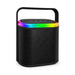 Hudson Bluetooth Speaker - A portable black Bluetooth speaker with a handle and a multi-coloured light strip on top.