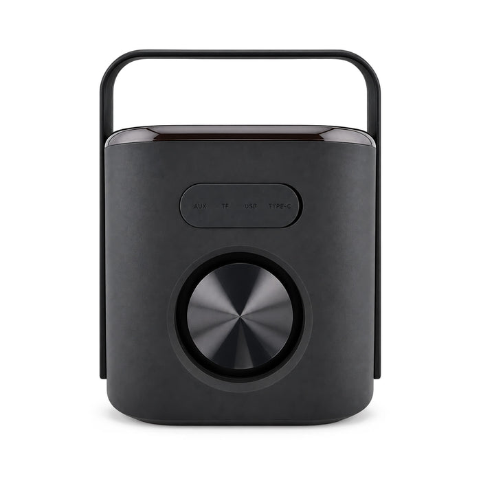 Hudson Bluetooth Speaker - A black Hudson Bluetooth speaker with a circular control knob and a carry handle on top. It features a sleek design.
