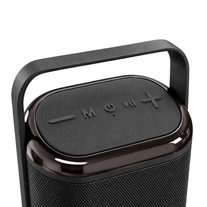 Hudson Bluetooth Speaker - A Bluetooth speaker in black with a sleek design and a handle, featuring control buttons on the top.