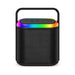 Hudson Bluetooth Speaker - A black Bluetooth speaker with a colourful LED light strip on top and a handle for portability.