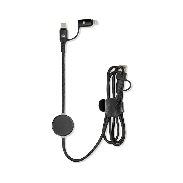 Tech Pack Connect - A black charging cable with a round connector and a clip for organisation. It has a sleek, modern design.