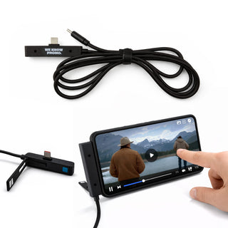 Ultra Power Cable - A black charging cable with multiple connectors and a USB port, alongside a smartphone displaying a video.