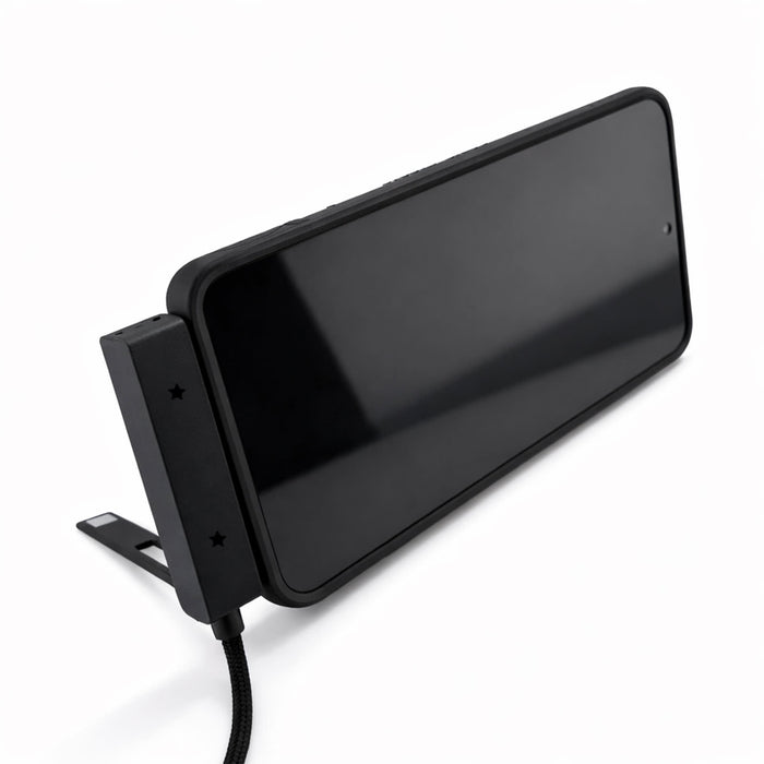 Ultra Power Cable - A charging cable in black, featuring a sleek design with a connector and a stand for easy usage.