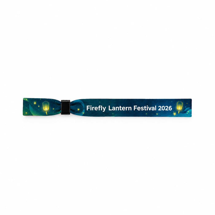 Event Wrist Band - A vibrant blue wristband featuring lantern designs, with a logo and text for the Firefly Lantern Festival 2026.