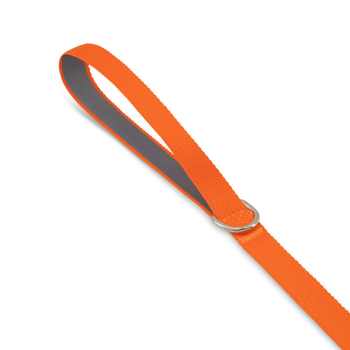 Printed Dog Lead - An orange dog lead with a grey underside and a metal ring attached.