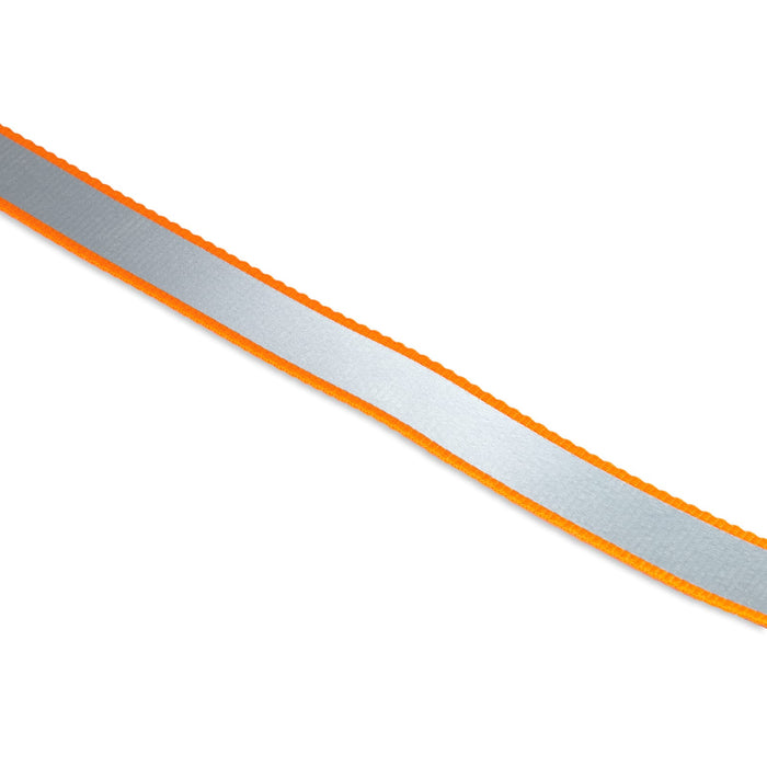 Printed Dog Lead - A printed dog lead featuring a silver centre with orange edges, showcasing a sleek design and a branding logo.