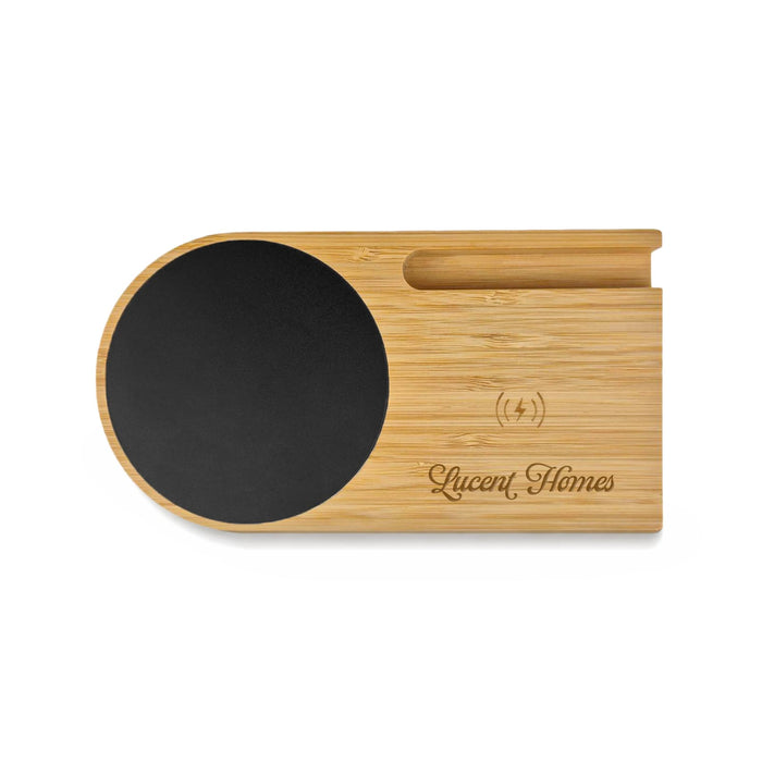 Cup Warmer with Inductive Charger - A bamboo cup warmer with a black circular heating area and a slot for a phone, featuring a logo.