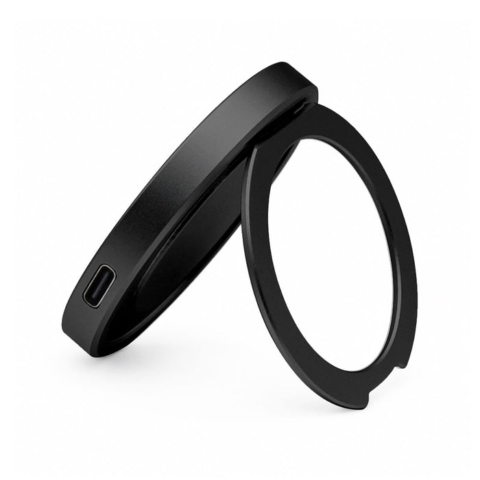 Puck Magnetic Phone and Watch Charger with Stand - A black magnetic phone and watch charger with a slim, circular stand. It features a USB-C port and a logo.