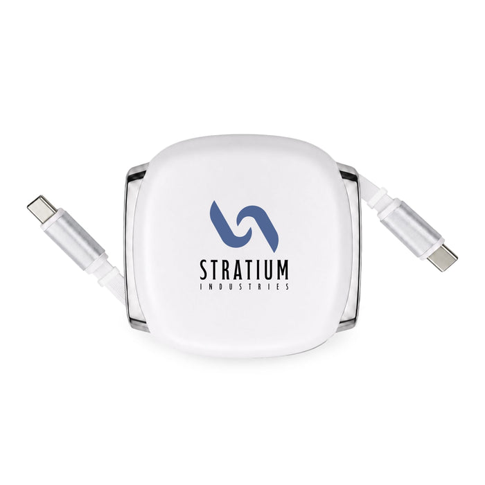 Reel 100W Cable - A compact white retractable charging cable with two connectors and a branded logo on the surface.