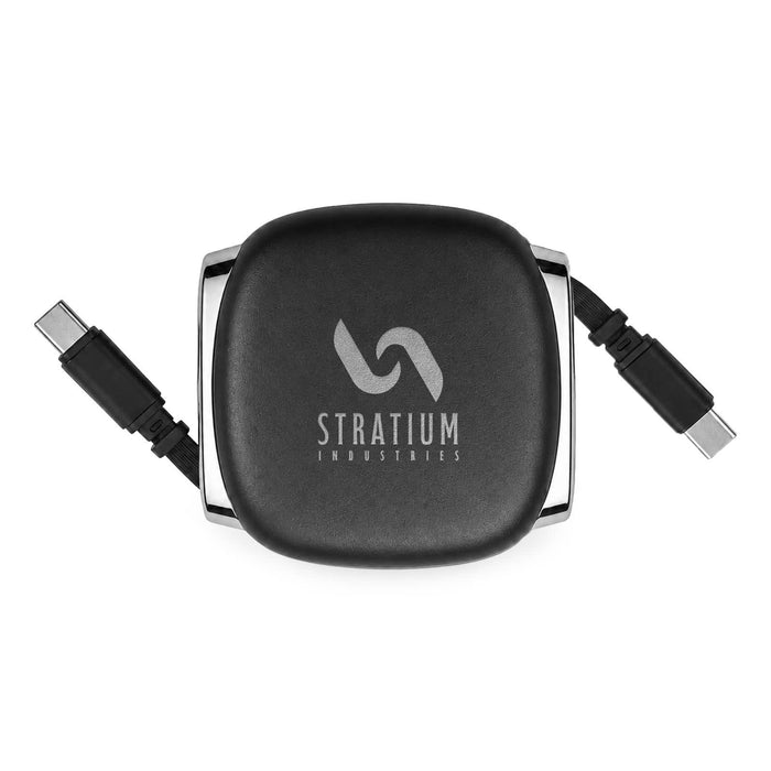 Reel 100W Cable - A compact black cable reel with dual USB connectors and a logo.