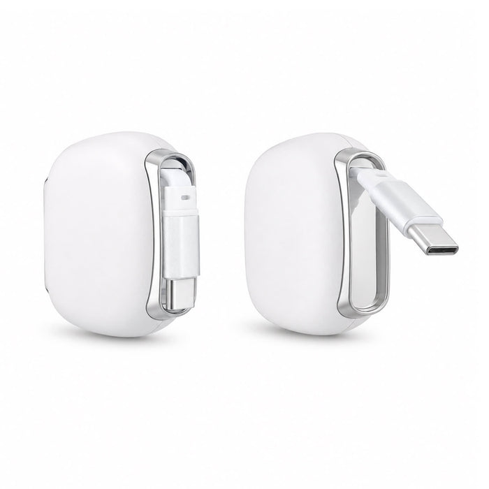 Reel 100W Cable - A white cable reel with a silver clip, featuring USB-C and USB connectors. It has a minimalist design and a branded logo.