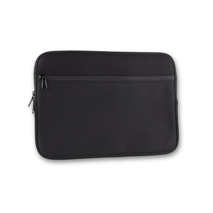 Pro Neoprene Laptop Sleeve 14 inch - A black neoprene laptop sleeve with a zippered pocket. The sleeve fits a 14-inch laptop and features a logo.