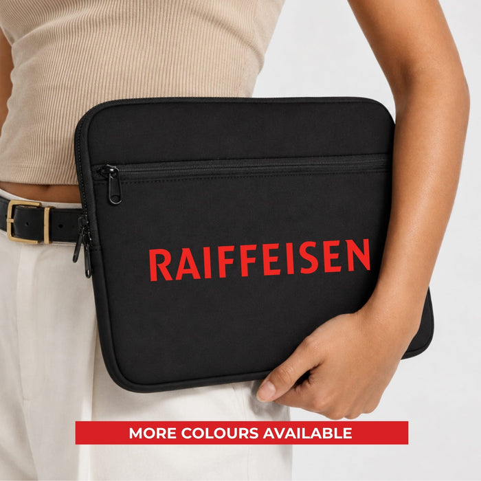 Pro Neoprene Laptop Sleeve 14 inch - A black neoprene laptop sleeve with a zippered pocket and a logo. Available in more colours.