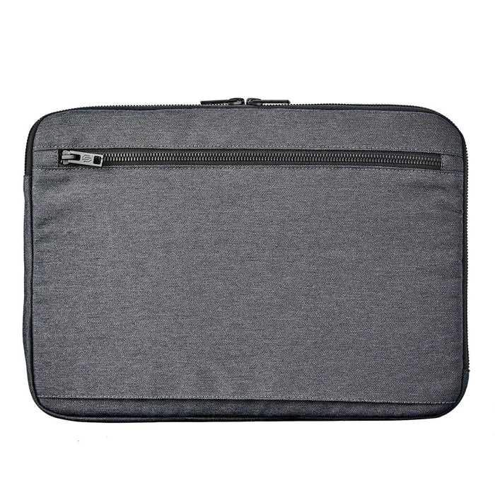 Cupertino Laptop Sleeve 16 - A grey laptop sleeve with a zippered compartment, designed for a 16-inch laptop. It features a textured fabric and branding.
