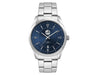 Mens Casual Dress Watch, Stainless Steel Strap - A stainless steel watch with a blue dial and silver strap, featuring hour markers and a date display.