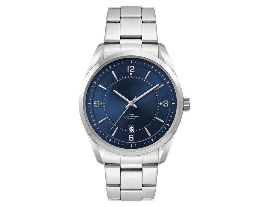 Mens Casual Dress Watch, Stainless Steel Strap - A stainless steel strap watch with a blue dial, featuring numeric hour markers and a date display.