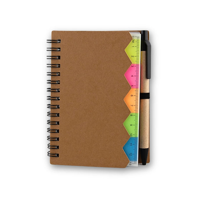 Calton Sticky Note Memo - A brown spiral notebook with a colour-coded sticky note section and a black pen attached.