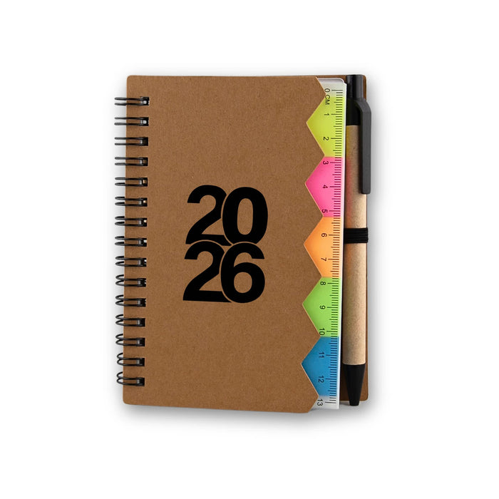 Calton Sticky Note Memo - A brown spiral-bound notebook with a ruler and colourful tabs, featuring the year "2026" on the cover.