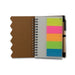 Calton Sticky Note Memo - A brown notebook with spiral binding, featuring bright sticky note sections in neon pink, yellow, and green.