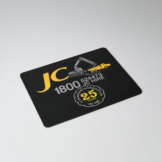 Fabric Mouse Mat (225mm x 185mm) - A black mouse mat featuring yellow graphics and text, including a logo and contact information.