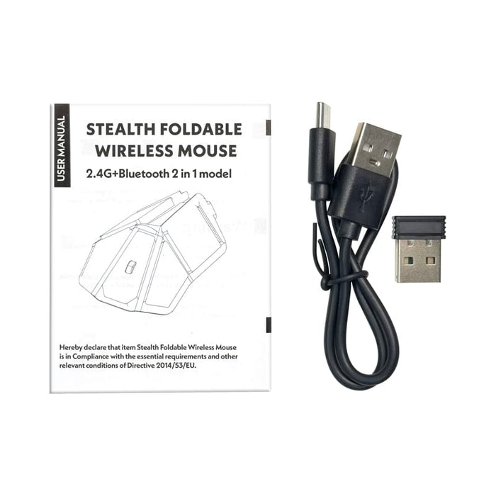 Stealth Foldable Wireless Mouse - A foldable wireless mouse in black, accompanied by a USB cable and user manual featuring a diagram.