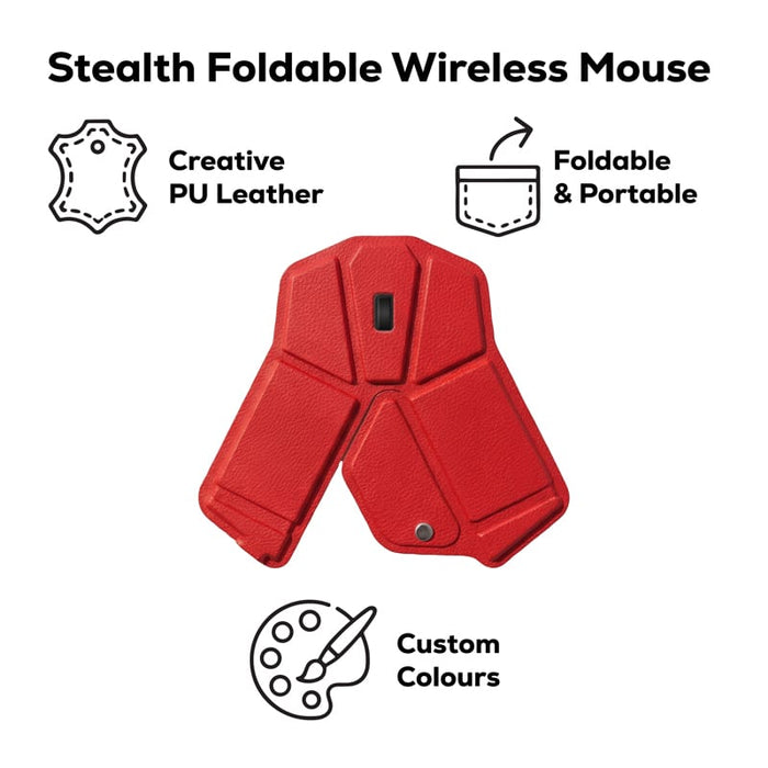Stealth Foldable Wireless Mouse - A red foldable wireless mouse made from PU leather, featuring a logo and a design that promotes portability.