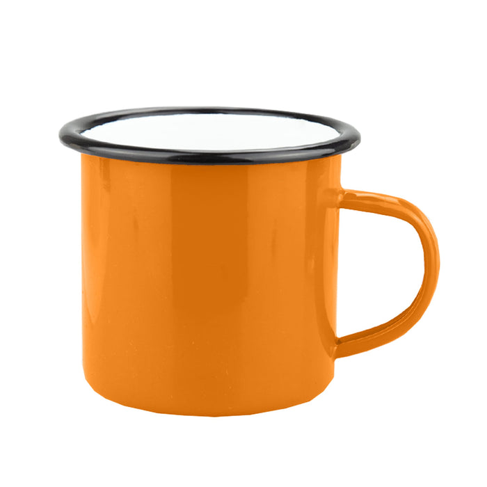 Enamel Camper Mug - An orange enamel camper mug with a black rim and a handle. It features a logo or branding.