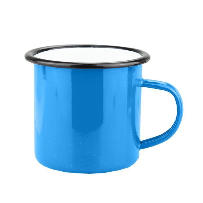 Enamel Camper Mug - A blue enamel camper mug with a black rim and handle, featuring a smooth, shiny surface.