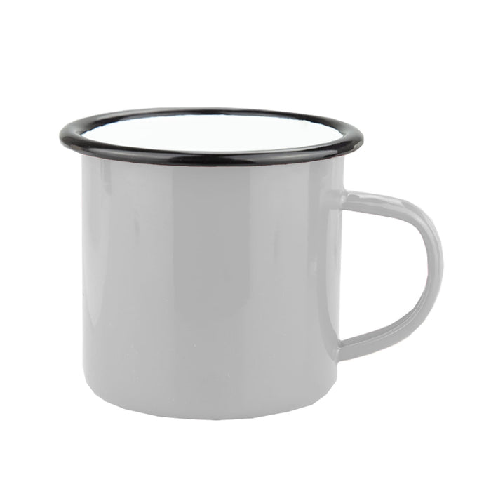 Enamel Camper Mug - A grey enamel camper mug with a black rim and a sturdy handle. It features a logo on the side.