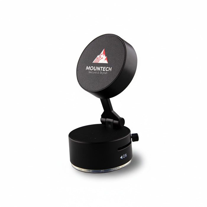 Ajustable Magnetic Mobile Stand - A black adjustable magnetic mobile stand with a round top and a base featuring a logo.