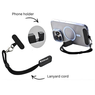 Phone holder Lanyard - A phone holder lanyard in black, featuring a cord attachment for secure carrying and a logo on the holder.