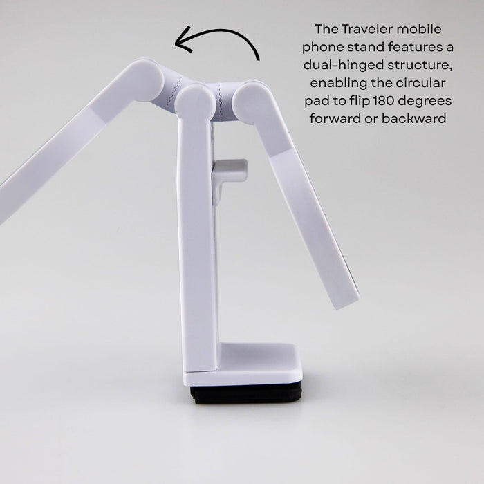 Traveler Mobile Phone Stand - A white dual-hinged mobile phone stand with a circular pad and a flat base, designed for stability.