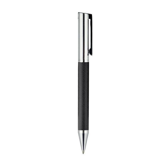 Geneva Metal Pen - A metal pen with a black textured grip and chrome accents, featuring a clip for easy attachment.