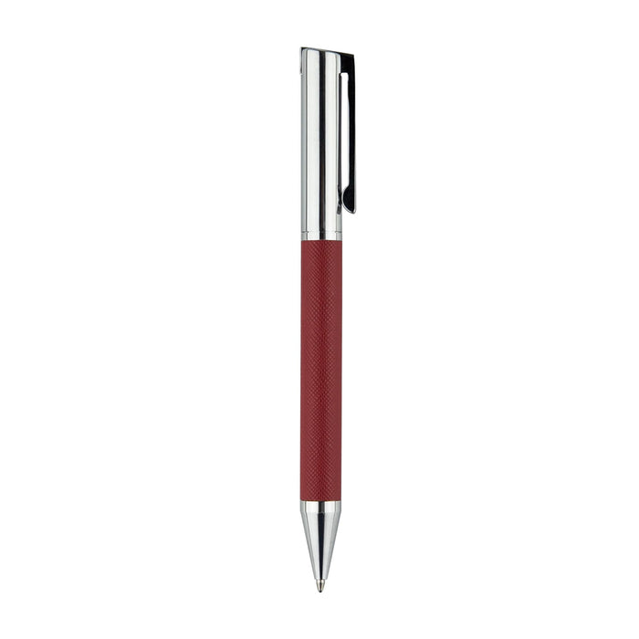 Geneva Metal Pen - A red metal pen with a textured grip and silver accents, featuring a clip and branding.