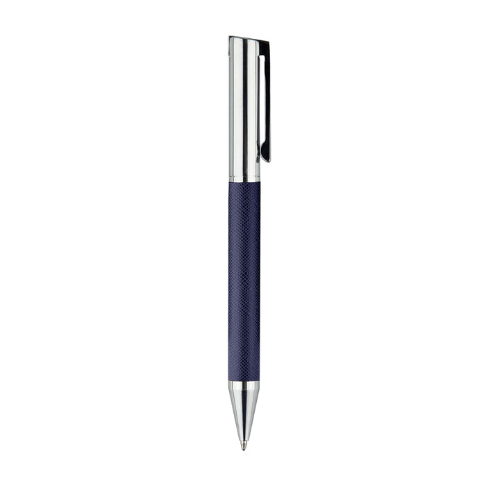 Geneva Metal Pen - A navy metal pen with chrome accents and a textured grip, featuring a branding logo.
