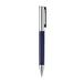 Geneva Metal Pen - A navy metal pen with chrome accents and a textured grip, featuring a branding logo.