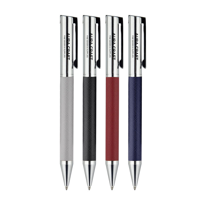 Geneva Metal Pen - Four Geneva Metal Pens in grey, black, red, and blue, featuring sleek designs and a branding logo.