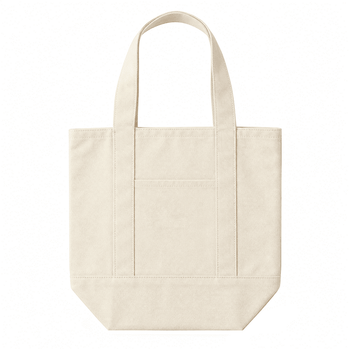 Mini Canvas Tote - A mini canvas tote in a cream colour with two sturdy handles and a front pocket. It features a logo.