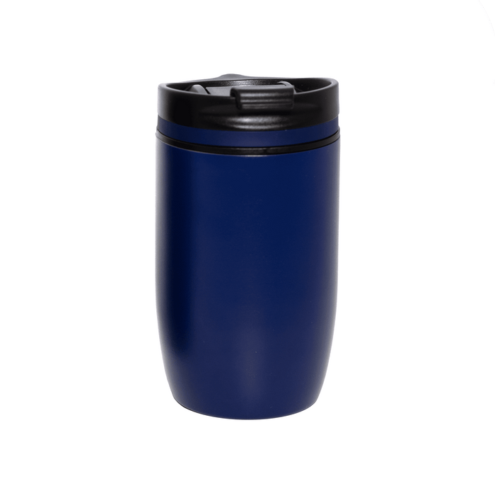 The Roamer 300ml Vacuum Cup - A drink bottle with a navy blue finish and a black lid, featuring a logo on the side.