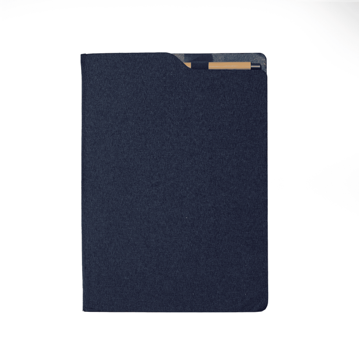 SunScribe Notebook (A4) - A navy blue A4 notebook with a smooth cover and a logo on the back.