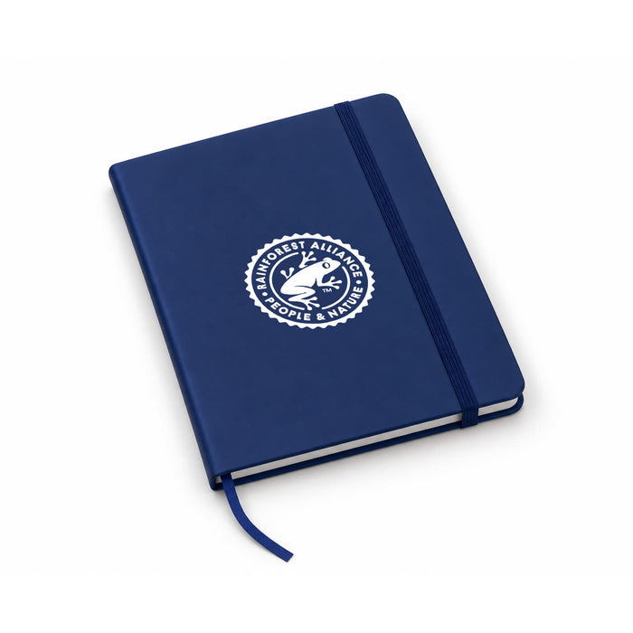 FSC Notebook - A navy FSC notebook with a white logo on the cover and a matching elastic band closure.