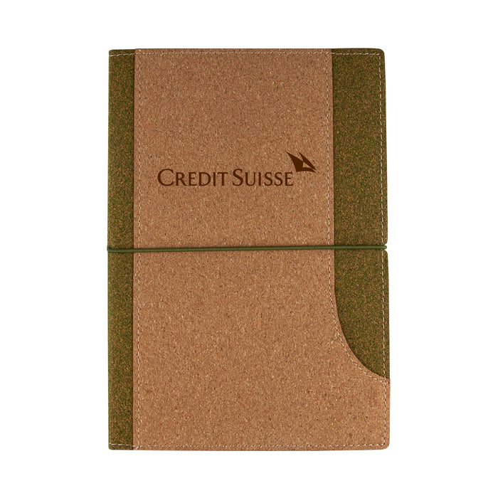 Tea Leaves and Cork Notebook - A cork notebook with a green accent and an elastic strap, featuring a logo on the cover.