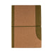 Tea Leaves and Cork Notebook - A cork notebook featuring a brown cover with a green accent, secured with an elastic band. It has a logo on the front.