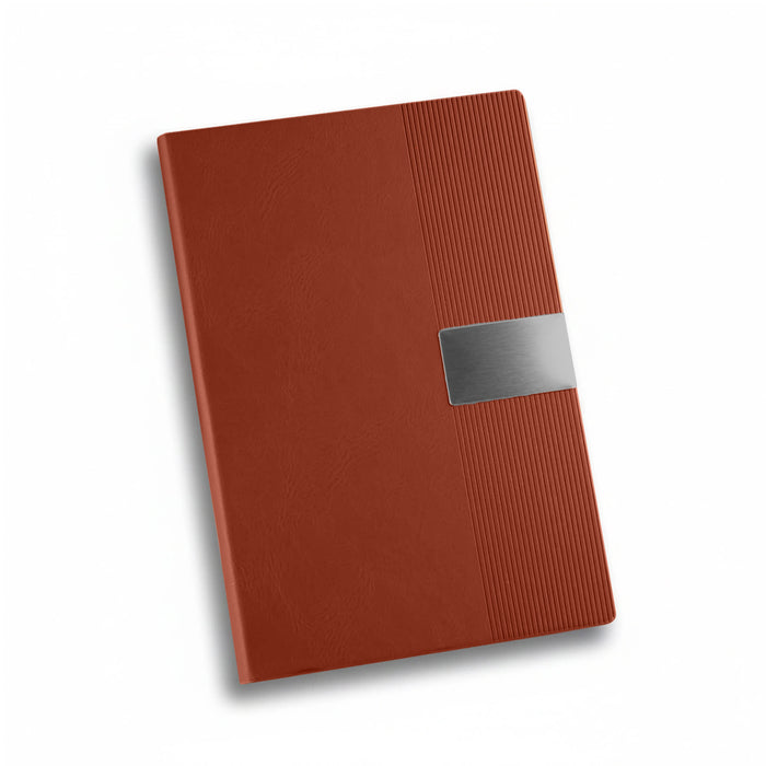 Vienna Notebook A5 - A brown A5 notebook featuring a textured design and a metallic accent, along with a branding logo.
