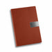 Vienna Notebook A5 - A brown A5 notebook featuring a textured design and a metallic accent, along with a branding logo.