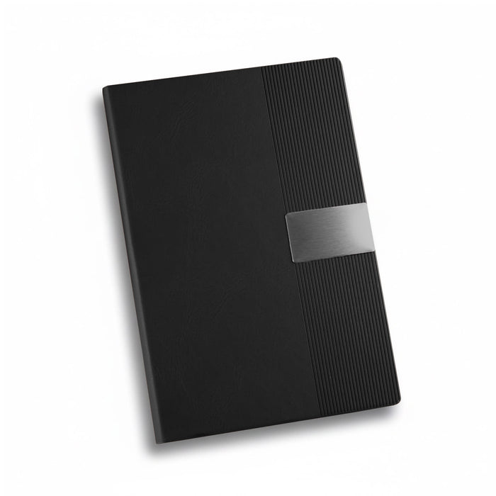 Vienna Notebook A5 - A black A5 notebook with a textured cover and a metallic clasp. It features a sleek, modern design.