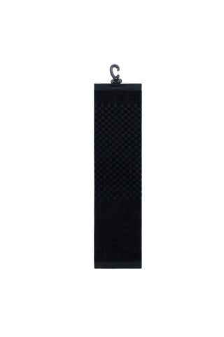 Turnberry Luxury TriFold Towel - A black luxury tri-fold towel with a hook for hanging, featuring a textured pattern.