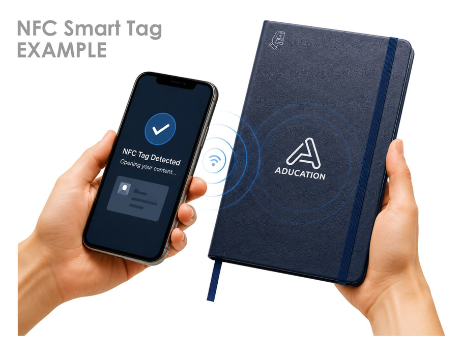 Essentials A5 Notebook - A navy blue notepad with an NFC tag feature next to a smartphone displaying a detected tag notification.