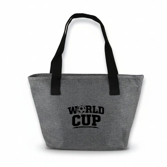 Bavarian Lunch Bag - A grey tote bag with black handles and a logo featuring the words "WORLD CUP".