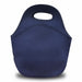 Neoprene Lunch Bag - A navy neoprene lunch bag with a handle, featuring a smooth exterior and rounded shape. It includes a branding logo.